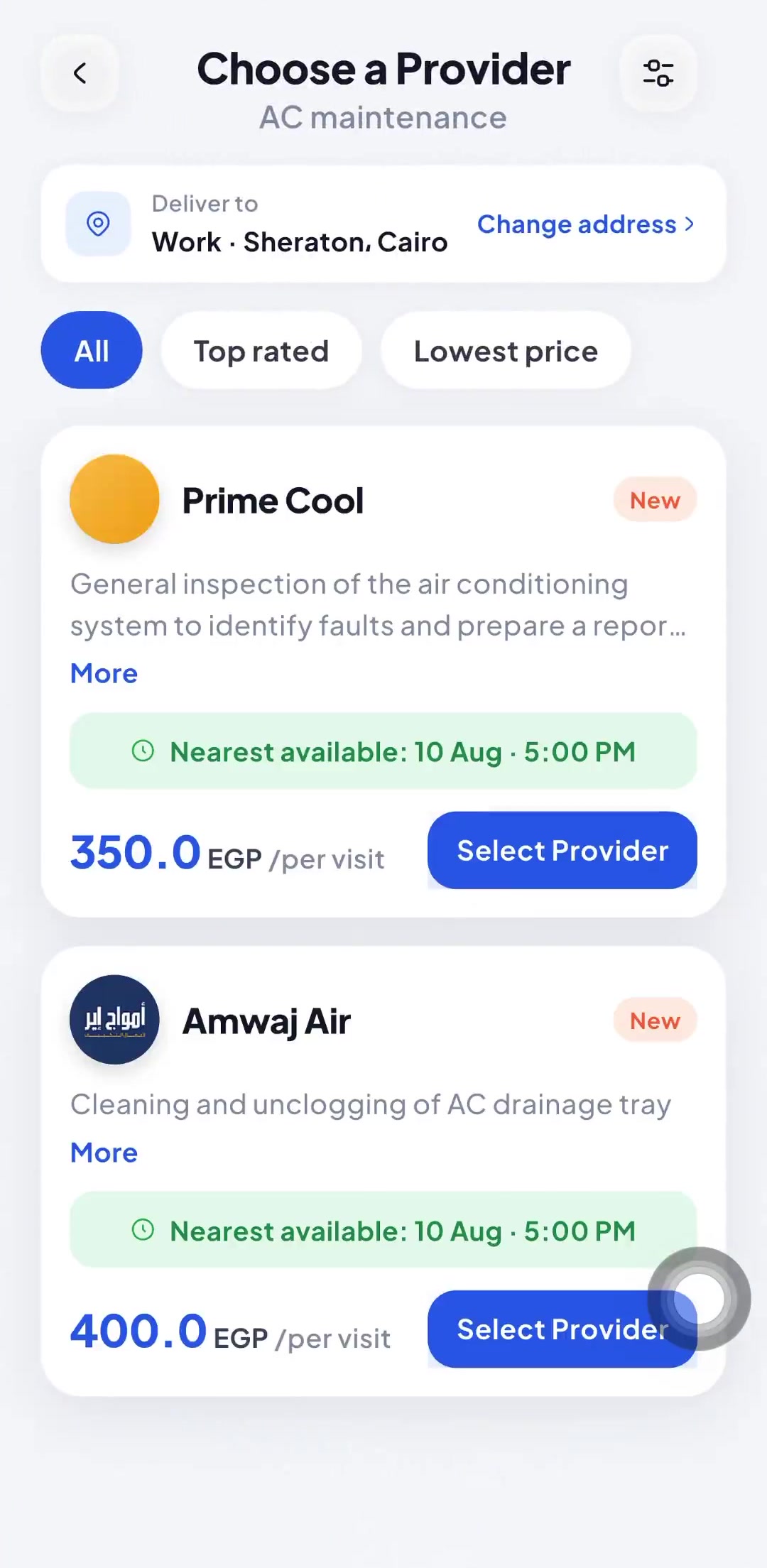 Belda app screen for choosing a verified service provider