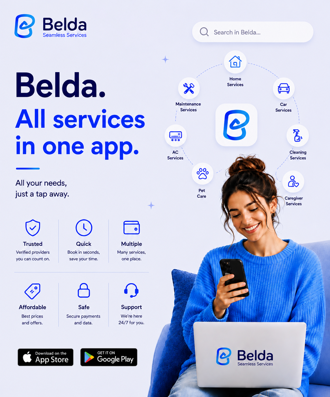 Belda app download preview with App Store and Google Play badges