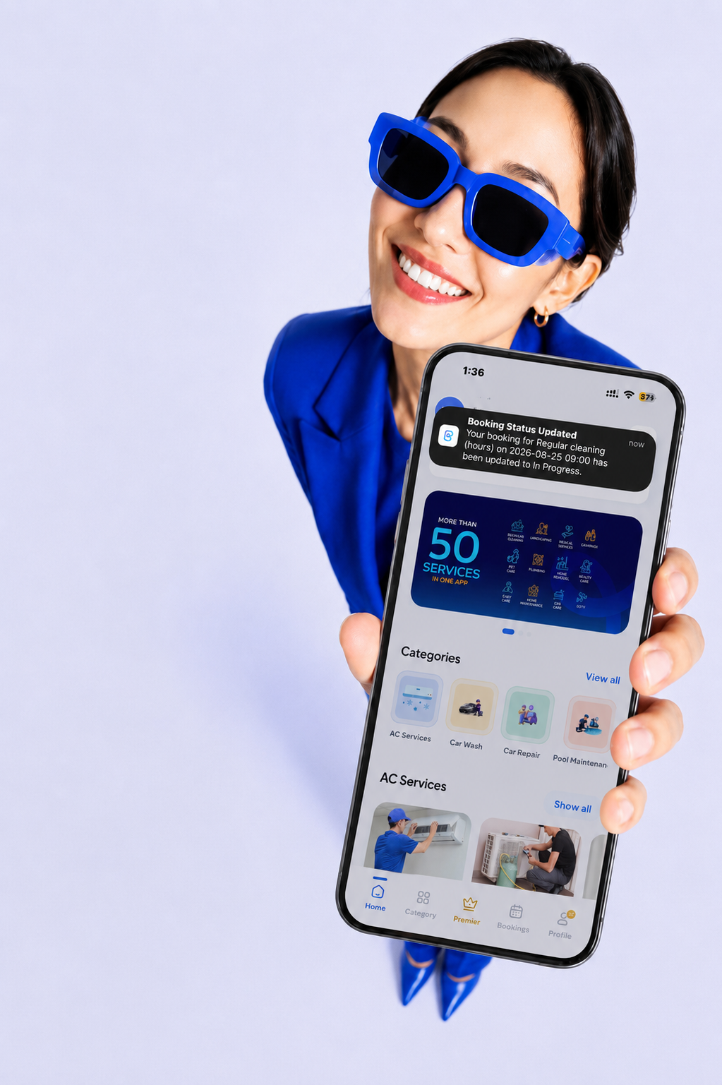 Customer checking a live booking status notification on a smartphone